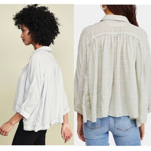 NWT FREE PEOPLE Rainbow Plaid Oversized Button Up Pleated Cropped Prairie Top S - Picture 8 of 13